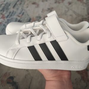 Adidas Kids White Sneakers with Black Stripes